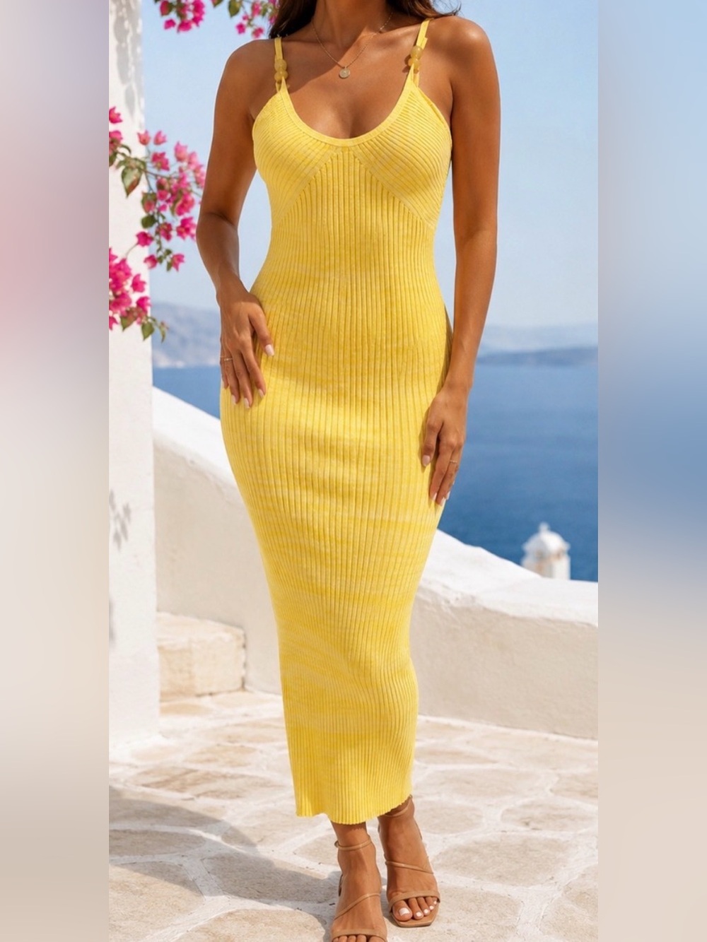 House of Harlow 1960 Butter Yellow Rib Knit Midi Dress Beaded Strap Size S